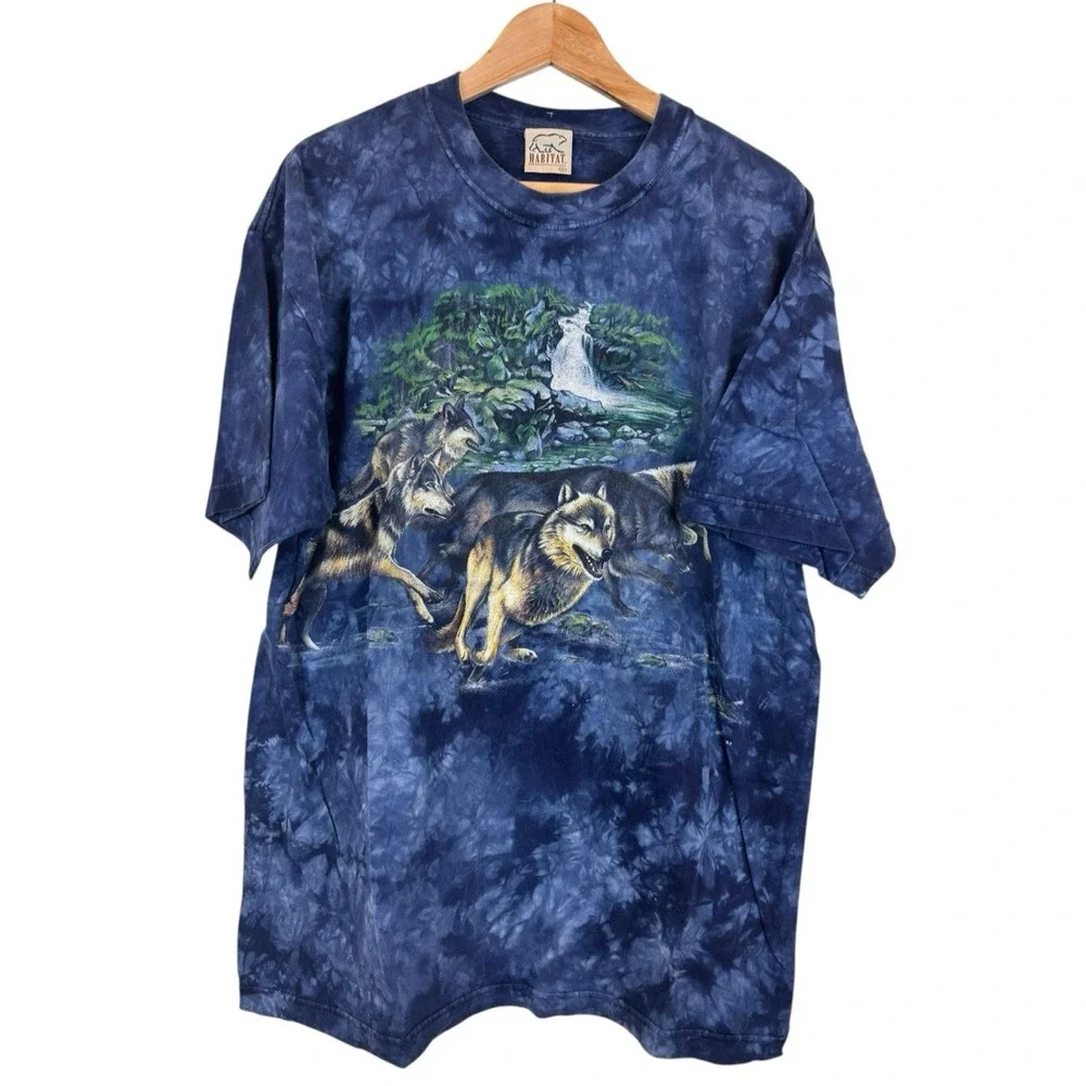 Vintage 90's Running Wolves All over Print T-Shirt XL‎ Nature Waterfall Habitat